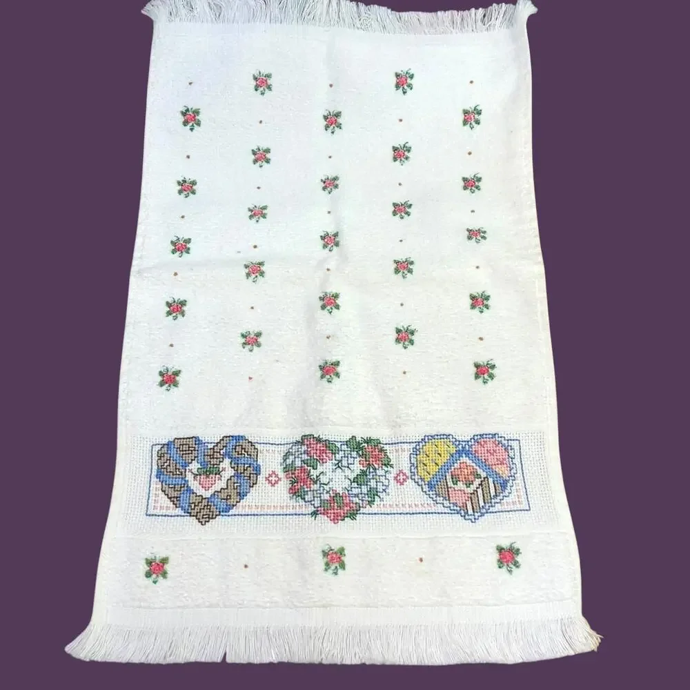 Vintage Cross Stitch Hearts Floral Hand Towel Fringe White 18x10.5 Cottage